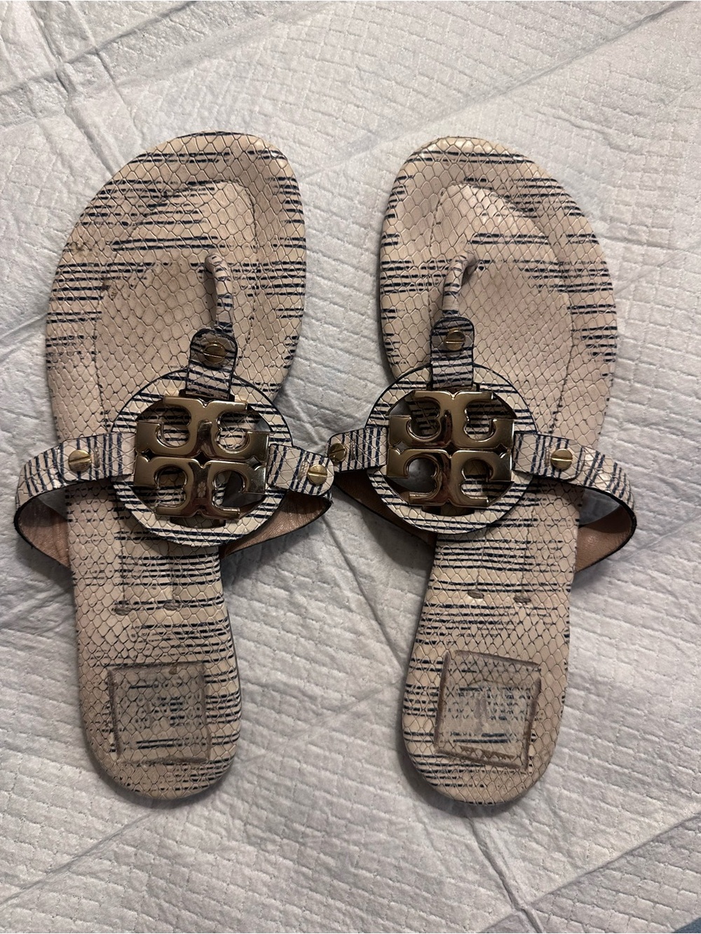 Tory Burch Off White/Blue Striped Snake Leather Miller Gold Metal Sandals 8.5